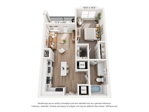 Floor plan for 1 bed, 1 bath, 675 sqft